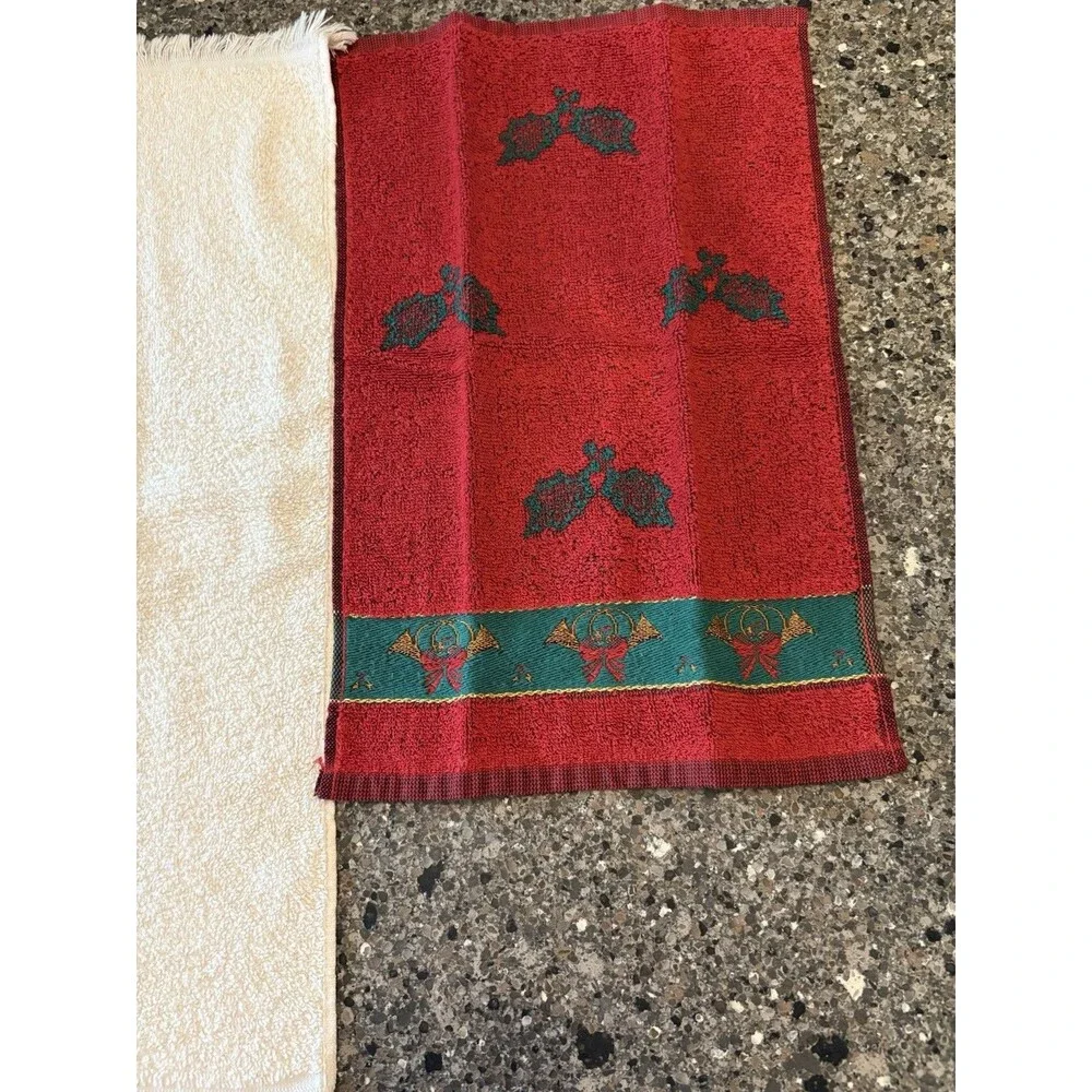 Vintage 80’s Christmas Hand Towel Set 2 Country Goose Holly Border Cannon Marten